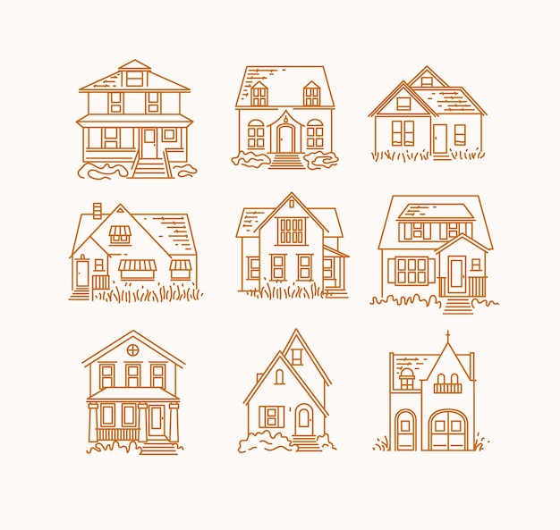 Conjunto de iconos de diferentes formas de la casa dibujando en estilo plano sobre fondo beige