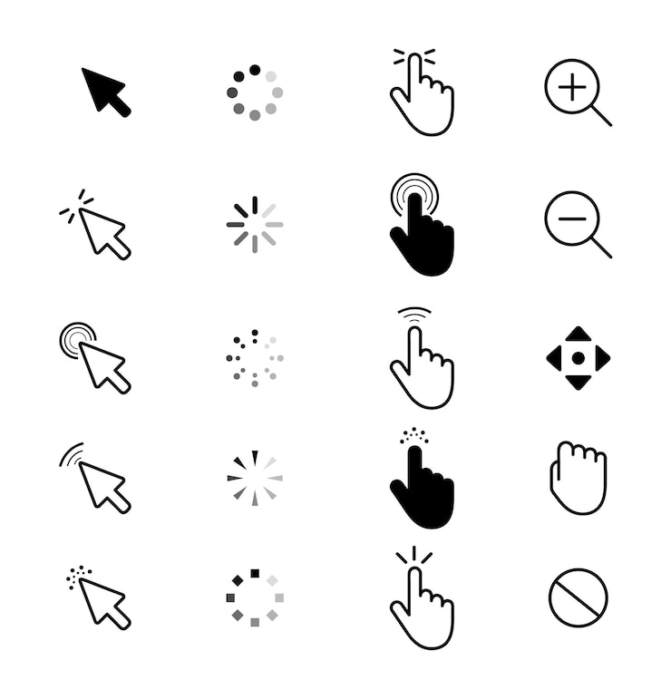 Vector un conjunto de iconos diferentes, incluido uno que apunta a la parte inferior