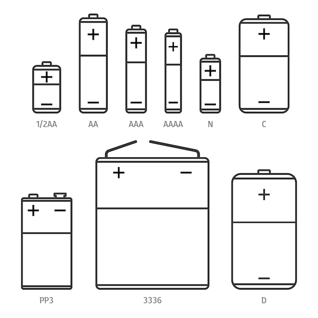 Conjunto de iconos de diferentes tamaños de pilas alcalinas. Ilustración de vector lineal aislado sobre fondo blanco