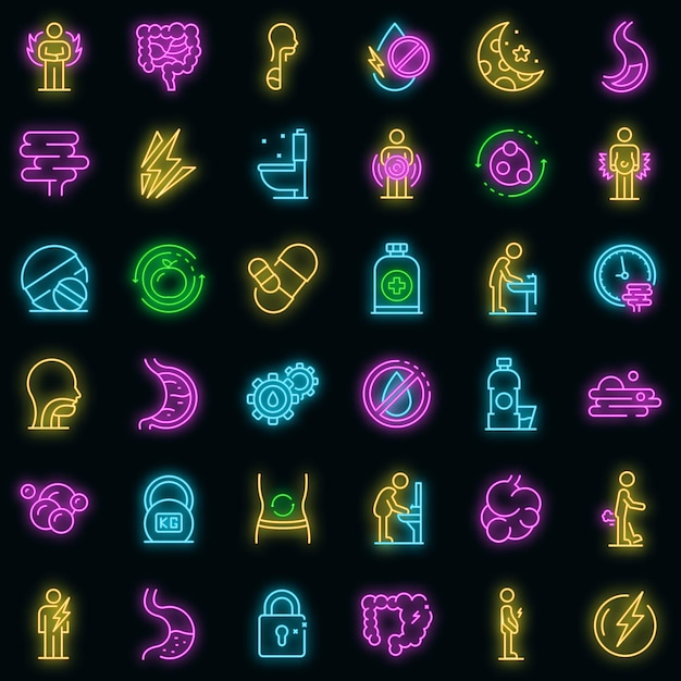 Conjunto de iconos de digestión. esquema conjunto de iconos de vector de digestión color neón en negro