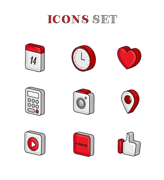 Conjunto de iconos digitales esquema ilustración en color de diferentes aplicaciones comunes