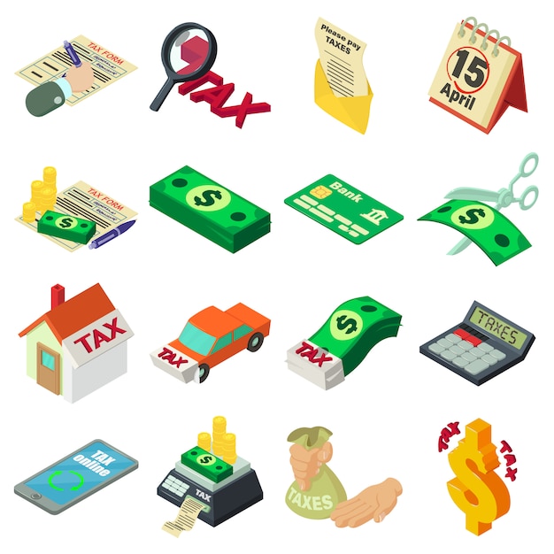 Conjunto de iconos de dinero de contabilidad de impuestos. Ilustración isométrica de 16 impuestos iconos de vector de dinero de contabilidad para web