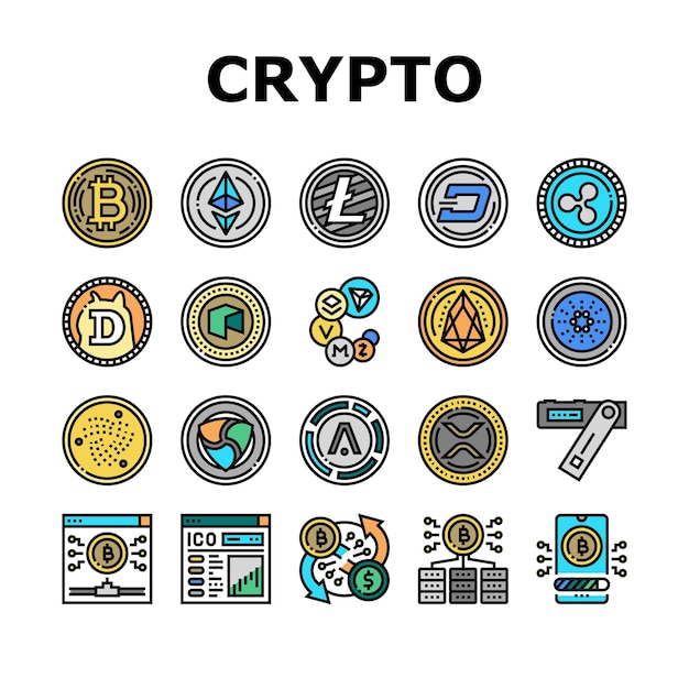 Conjunto de iconos de dinero digital de criptomonedas Vector