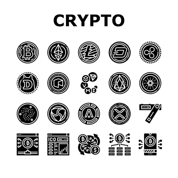 Conjunto de iconos de dinero digital de criptomonedas Vector