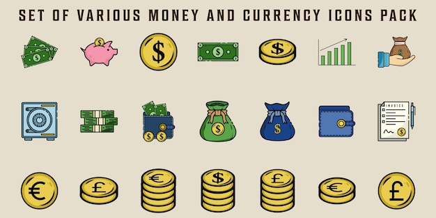 Conjunto de iconos de dinero y divisas aislados, paquete de líneas vectoriales, plantilla de ilustración en color, diseño gráfico, paquete, colección de varios signos y símbolos de inversión para conceptos financieros o bancarios simples.