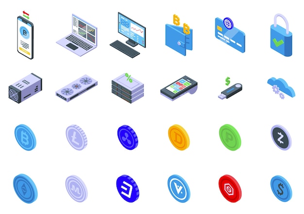 Conjunto de iconos de dinero virtual vector isométrico Vendedor de tarjetas