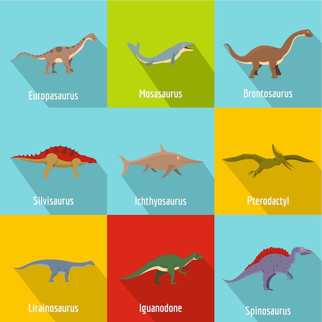 Conjunto de iconos de dinosaurio. conjunto plano de 9 iconos de vector de dinosaurio