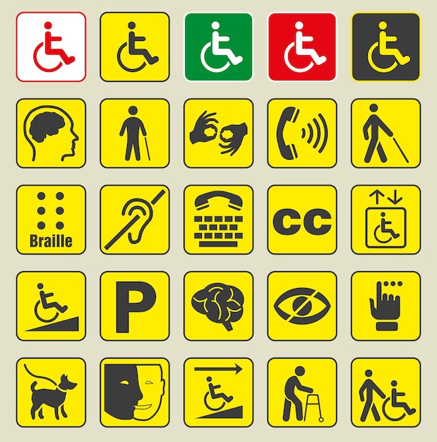 Conjunto de iconos de discapacidad cuadrados amarillos Iconos de desviaciones intelectuales sensoriales físicas mentales
