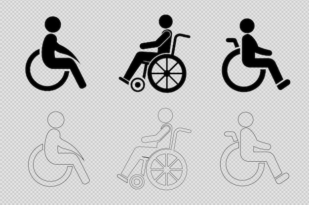 Conjunto de iconos para discapacitados silhueta de silla de ruedas y diseño vectorial de arte de líneas