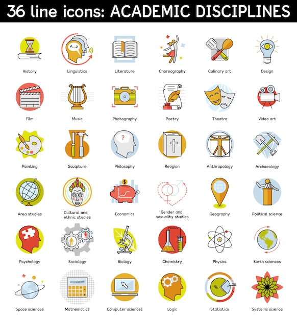 Conjunto de iconos de disciplinas académicas