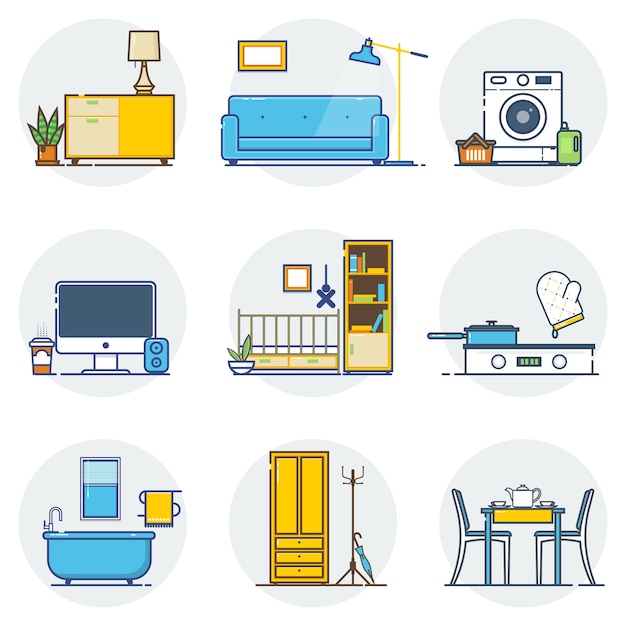 Conjunto de iconos de diseño de interiores de línea.