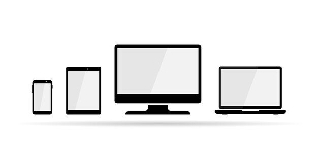 Conjunto de iconos de dispositivo de vector. teléfono inteligente, tableta, computadora de escritorio y portátil. Íconos de dispositivos digitales receptivos