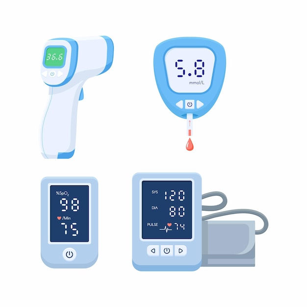 Conjunto de iconos de dispositivos médicos. Tonómetro, glucómetro glucómetro, pulsioxímetro, termómetro.