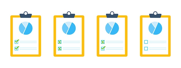 Conjunto de iconos de documentos con gráfico circular marcado y cruces