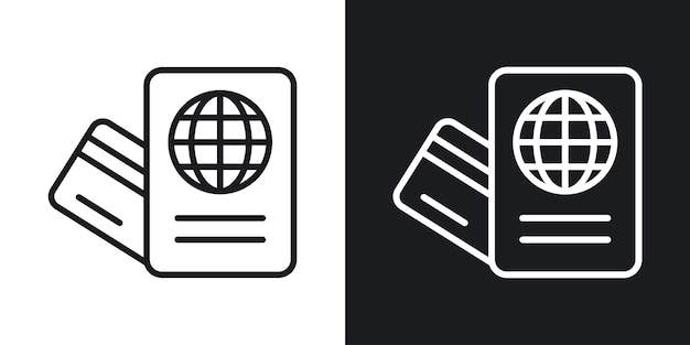 Conjunto de iconos de documentos personales Símbolo vectorial de visado de pasaporte internacional en un estilo de autenticación de identidad de inmigración llenado y delineado en negro