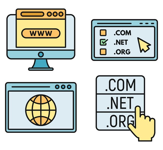 Conjunto de iconos de dominio web Conjunto general de iconos vectoriales de dominio web de línea delgada de color plano en blanco