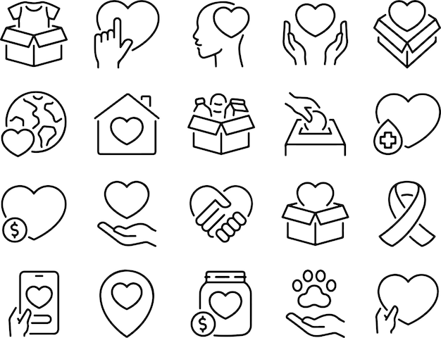 Conjunto de iconos de donación de ayuda a la caridad Iconos de líneas delgadas Ilustraciones vectoriales planas aisladas en blanco