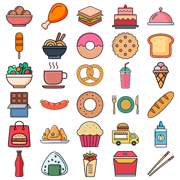 Conjunto de iconos de doodle de alimentos y bebidas Ilustración vectorial