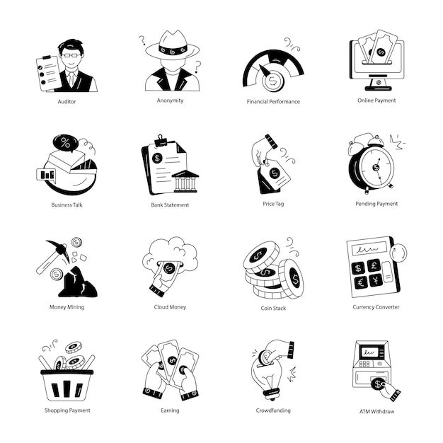 Conjunto de iconos de Doodle de banca y finanzas