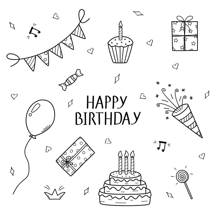 Conjunto de íconos de doodle de cumpleaños Ilustración vectorial concepto de fiesta Elementos de boceto Decoraciones