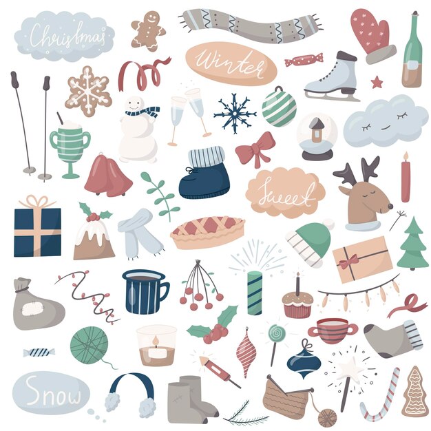 Conjunto de iconos de doodle. dibujos animados de invierno y navidad.