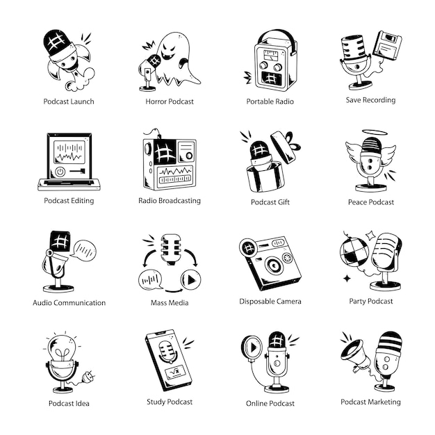 Conjunto de íconos de Doodle de grabación de podcast