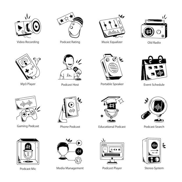 Conjunto de iconos de Doodle para la producción de podcasts