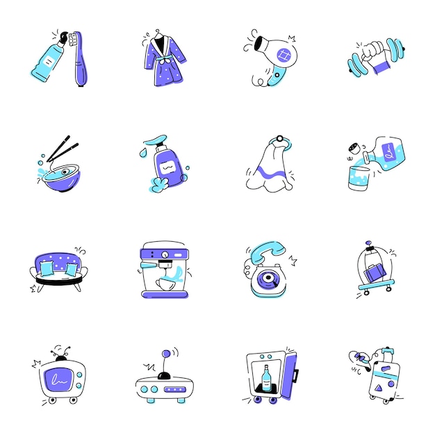 Conjunto de iconos de doodle de servicios hoteleros