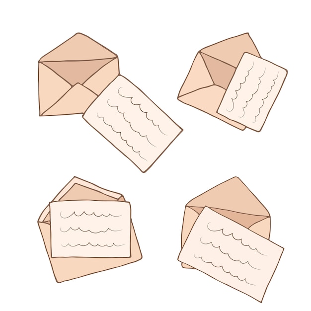 Conjunto de iconos de doodle de sobre abierto Ilustración de dibujos animados vectoriales con carta de boceto para diseño de papel Sobre dibujado a mano Icono de correo plano Carta marrón en estilo de dibujos animados