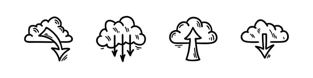 Conjunto de iconos de doodle de tecnología de computación en nube Servicio de servidor de datos dibujado a mano