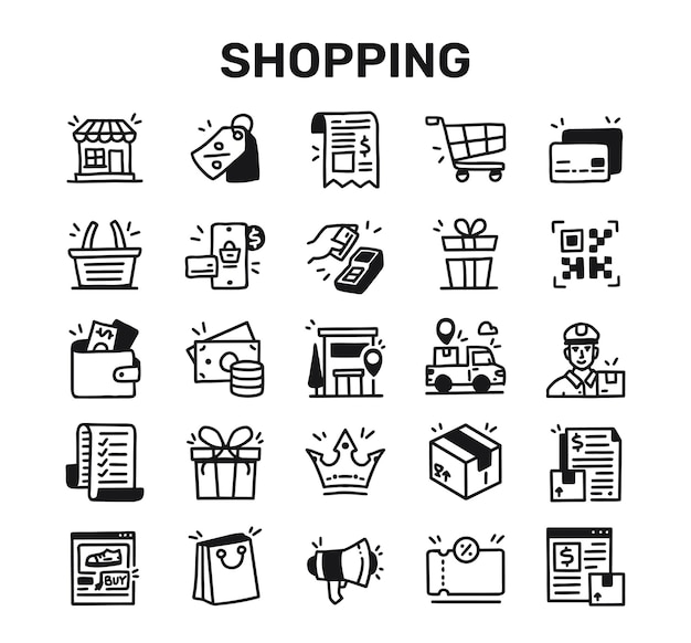 Conjunto de iconos de Doodle de vector dibujados a mano relacionados con las compras
