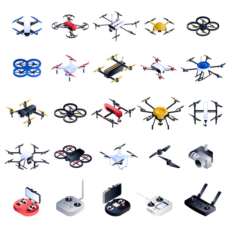 Vector conjunto de iconos de drone. conjunto isométrico de iconos vectoriales drone