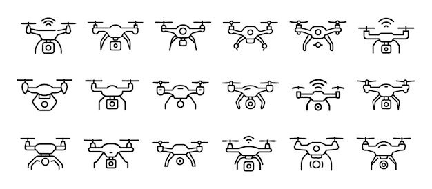 El conjunto de iconos de drones describe el estilo de arte de la línea