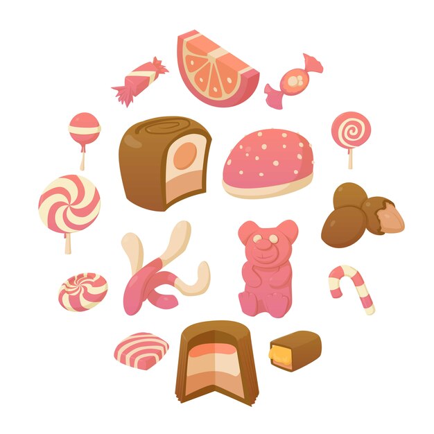 Vector conjunto de iconos de dulces y caramelos, estilo de dibujos animados