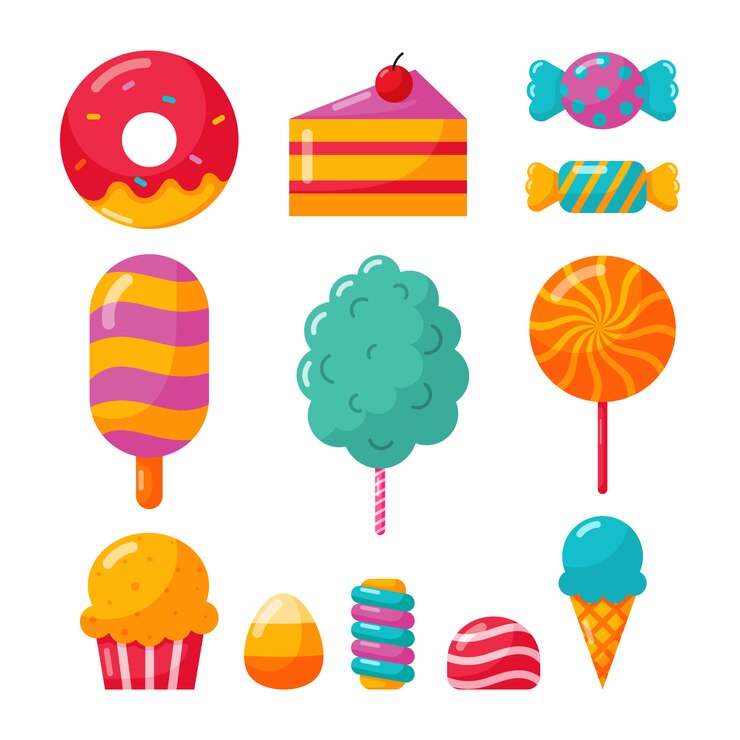 Vector conjunto de iconos de dulces y postres aislado sobre fondo blanco.