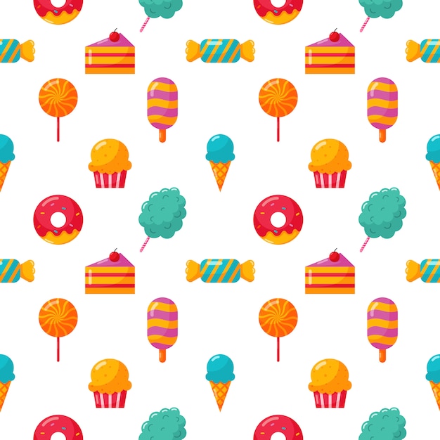 Conjunto de iconos de dulces y postres de patrones sin fisuras aislar en blanco