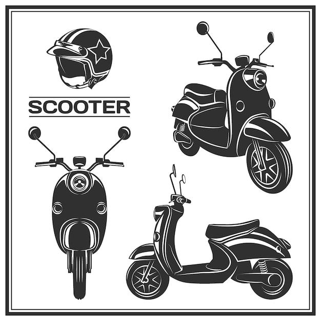 Conjunto de iconos e insignias de emblemas de scooter clásico.ilustraciones y gráficos de scooter urbano urbano.