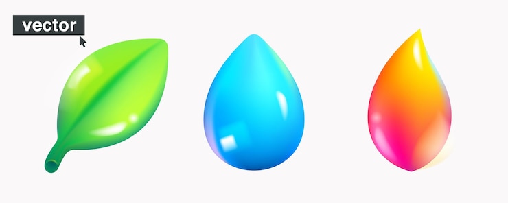 Vector conjunto de iconos de ecología de destello de fuego y gota de agua azul puro de hoja verde logotipos 3d de plástico realista