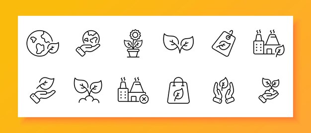 Conjunto de iconos de ecología Planeta Greenpeace materiales vegetales brotan bolsas ambientales papel plástico prohibición icono negro en un fondo blanco icono de línea vectorial para negocios y publicidad