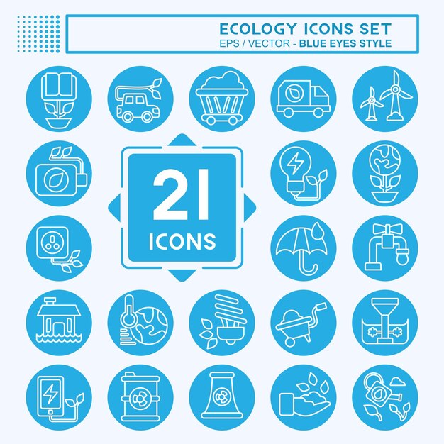 Conjunto de iconos Ecología relacionada con Educación símbolo ojos azules estilo ilustración simple