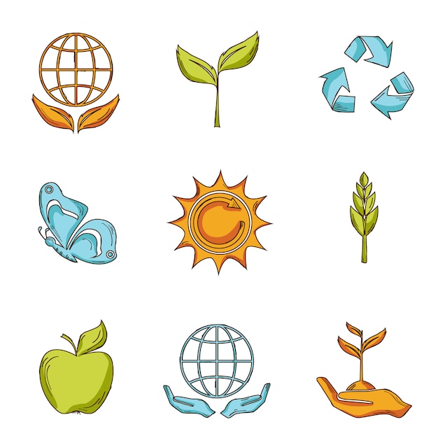 Vector conjunto de iconos de ecología y residuos bosquejo