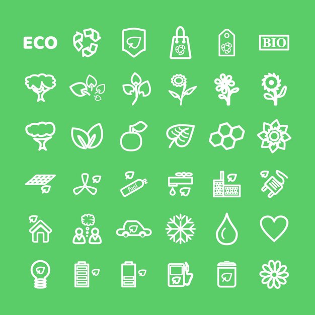 Conjunto de iconos ecológicos blancos vectoriales en verde en estilo de línea delgada plana Ecología Naturaleza Energía Medio ambiente e iconos de reciclaje