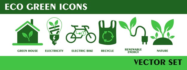 Conjunto de iconos ecológicos verdes Colección vectorial de iconos sólidos de colores verdes