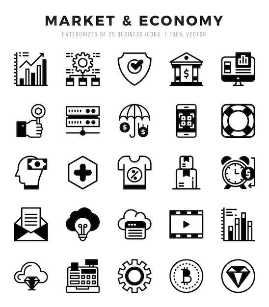 Conjunto de iconos de la economía de mercado Colección de simples iconos web lineales llenos