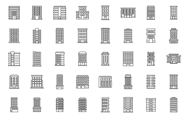 Conjunto de iconos de edificio de varios pisos vector de contorno arquitectura interior