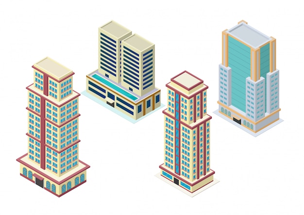 Conjunto de iconos de edificios isométricos rascacielos de la ciudad