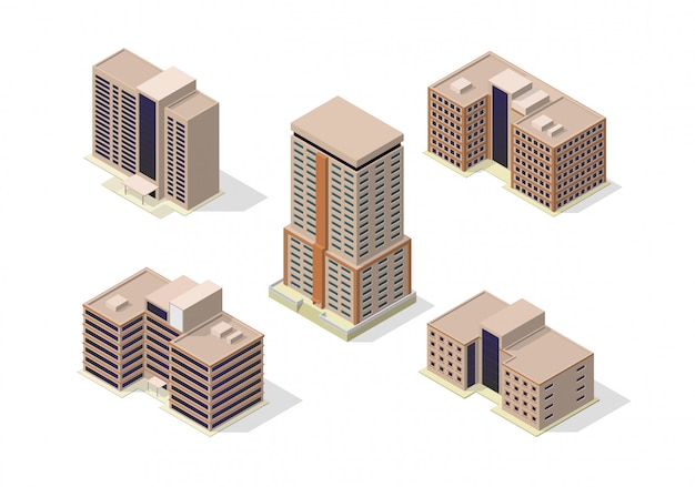 Conjunto de iconos de edificios isométricos rascacielos de la ciudad