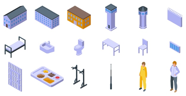 Conjunto de iconos de edificios penitenciarios Iconos isométricos de la vida penitenciaria que muestran el confinamiento y la detención