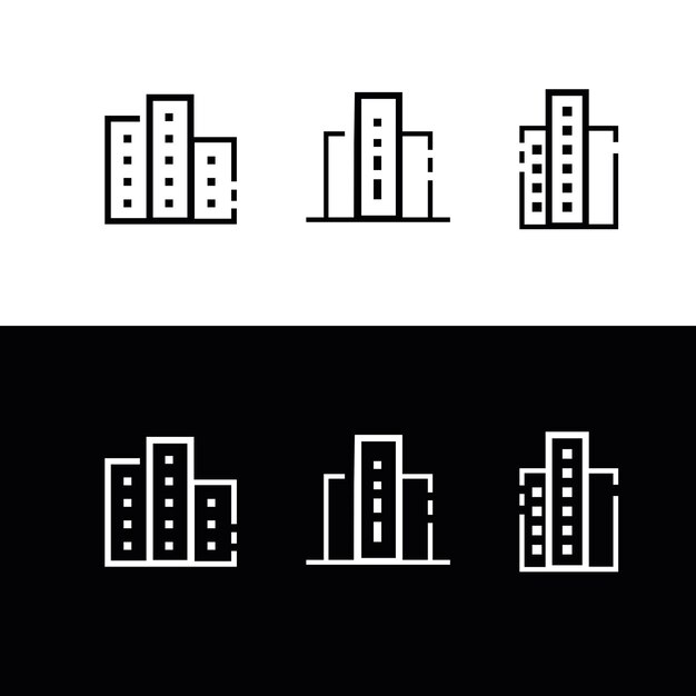 Conjunto de iconos de edificios simples en blanco y negro