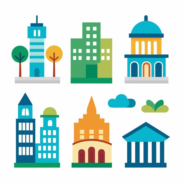 Conjunto de iconos de edificios urbanos de diseño plano